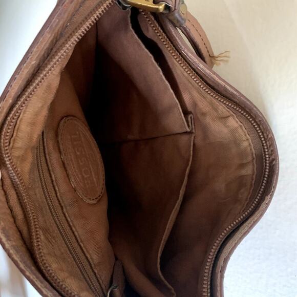 Fossil Brown Pebbled Leather Crossbody Satchel Bag Purse Adjustable Strap - Picture 8 of 9